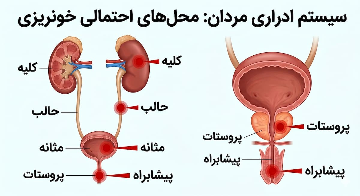  آناتومی سیستم ادراری مردان و محل‌های احتمالی خونریزی